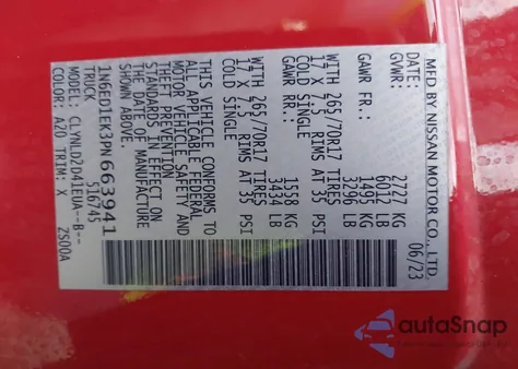 2023 Nissan Frontier Pro-4X 4X4 z USA, uszkodzony, nr VIN 1N6ED1EK3PN663941